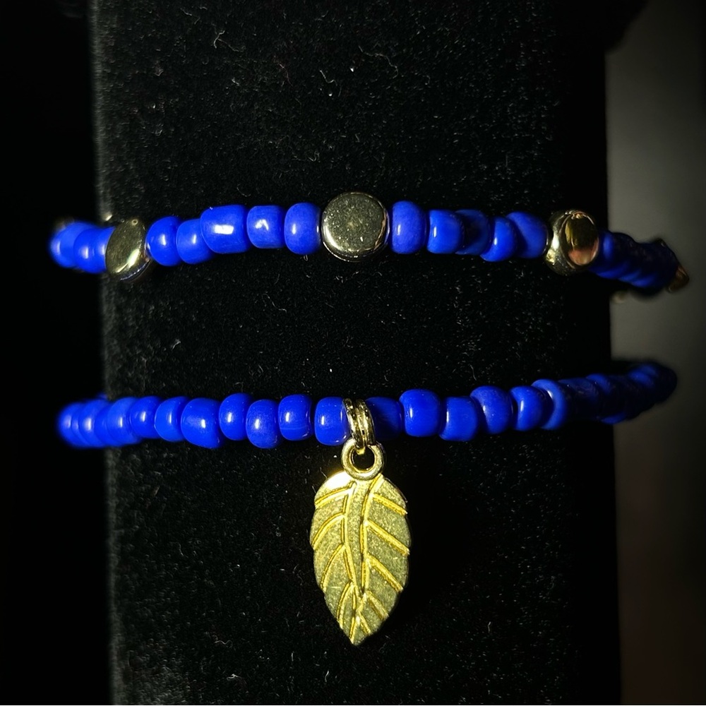 Blue and Gold Beaded Bracelet Set with Gold Leaf Charm